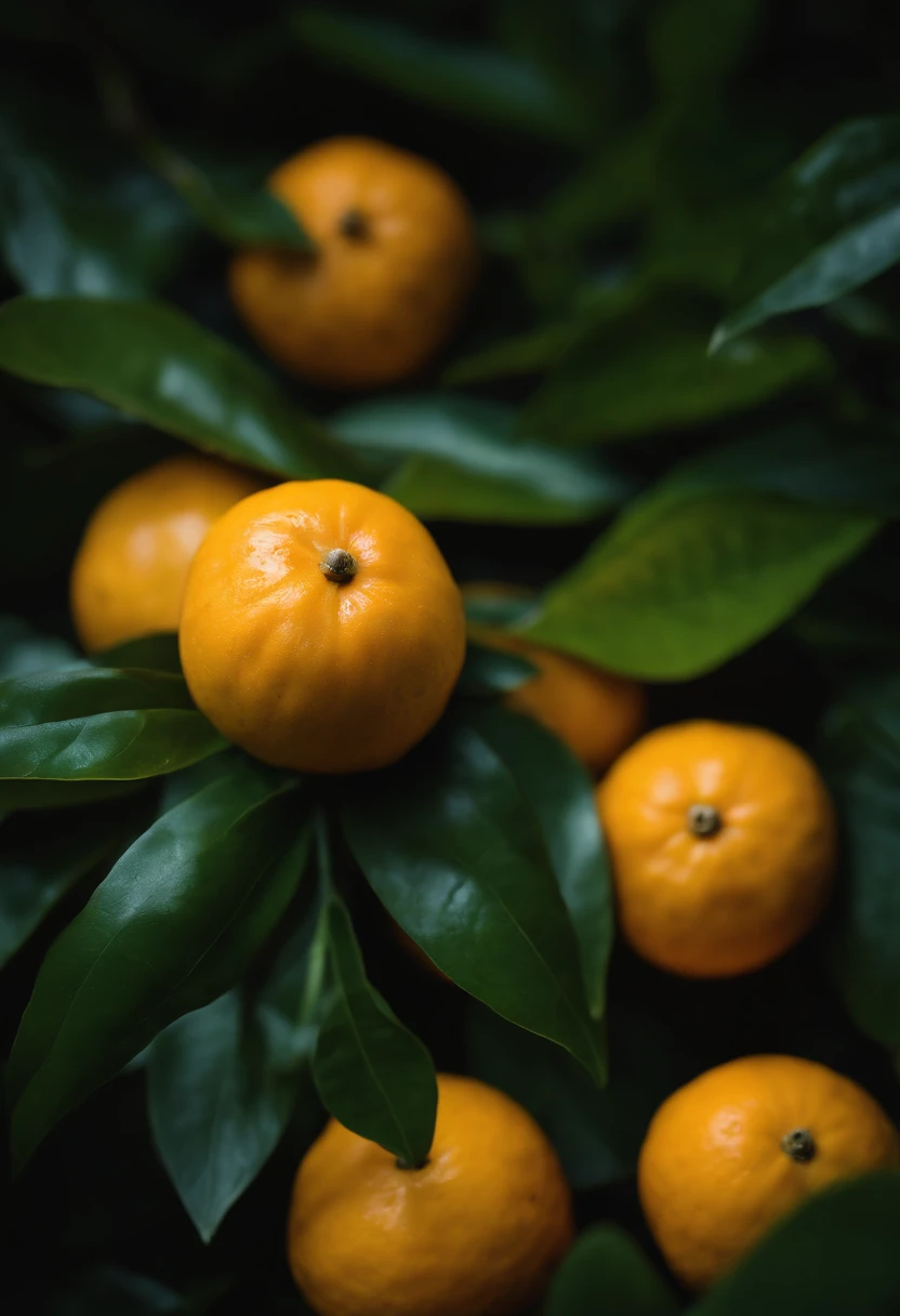 An aesthetic photography composition showcasing a yellow mandarin fruit amidst a cluster of vibrant green leaves, with the natural light casting beautiful shadows and highlights, creating a visually pleasing and organic scene.