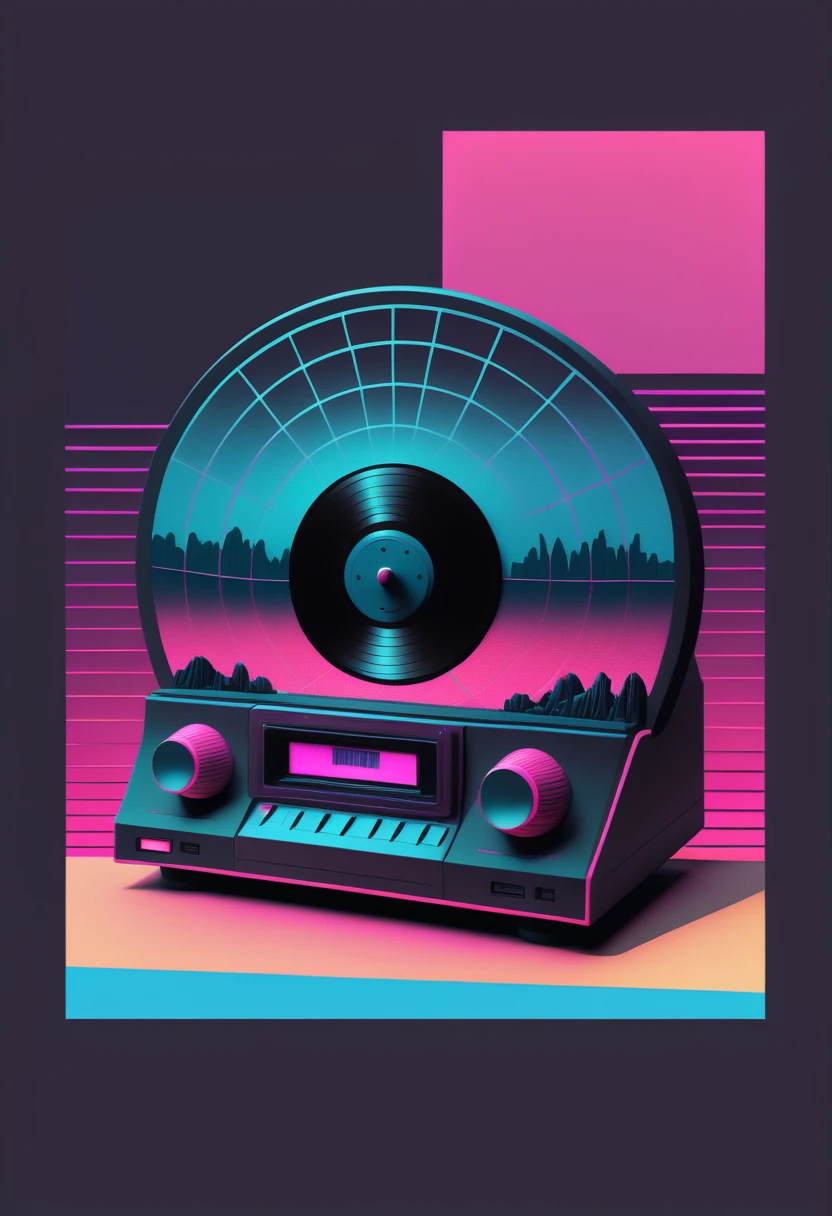 Retrowave, synthwave, a vintage vinyl record, dusty, scratches, old-fashioned, worn-out, grooves, retro design, classic music, spinning round and round, turntable, needle, musical nostalgia, soft crackling sound, black and white album cover, vintage vibes, nostalgic atmosphere, timeless melodies, spinning discs, analog sound, 80s style, music lovers, vinyl collection, laser show, immersive experience, dance floor, vibrant nightlife, disco ball, party atmosphere, pulsating beats, euphoric moments, electric energy, exhilarating ambiance, mesmerizing light effects, immersive audio experience, Vaporwave Aesthetic style and zentangle style, retrowave. synthwave, retro futuristic, video game, vector vaporwave,,blurred, crunch it, make it outstanding, the best emotive silhouette ever, sparkles, musical explosions, flying musical notes, magical, thanks. By Tupu...lol...