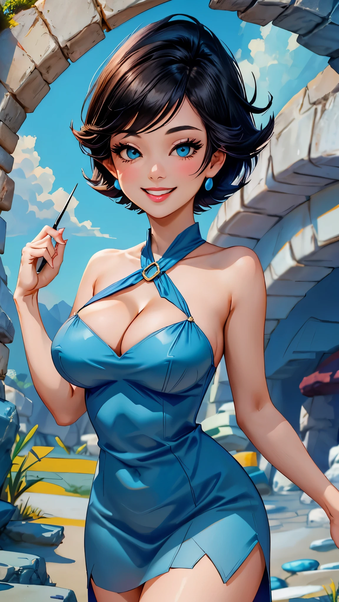 (Betty OC:1), (short hair, black hair, blue dress, bare shoulders:1), (curved, Big breasts), looking at the audience, Smile, lean forward, Sexy, Lovely, cave,( hairpin:1.2), cleavage portrait, 
(masterpiece:1.2), (best quality, best quality), (Super detailed), (8k, 4K, complex), (50mm), 
 