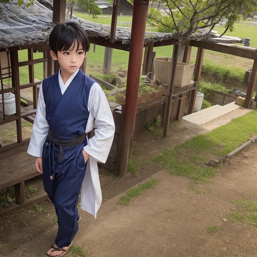 High resolution, Super detailed, masterpiece, highest quality,oriental、boy、Wearing traditional Japanese costumes、alone、boy doing farm work、Hakama、pants、