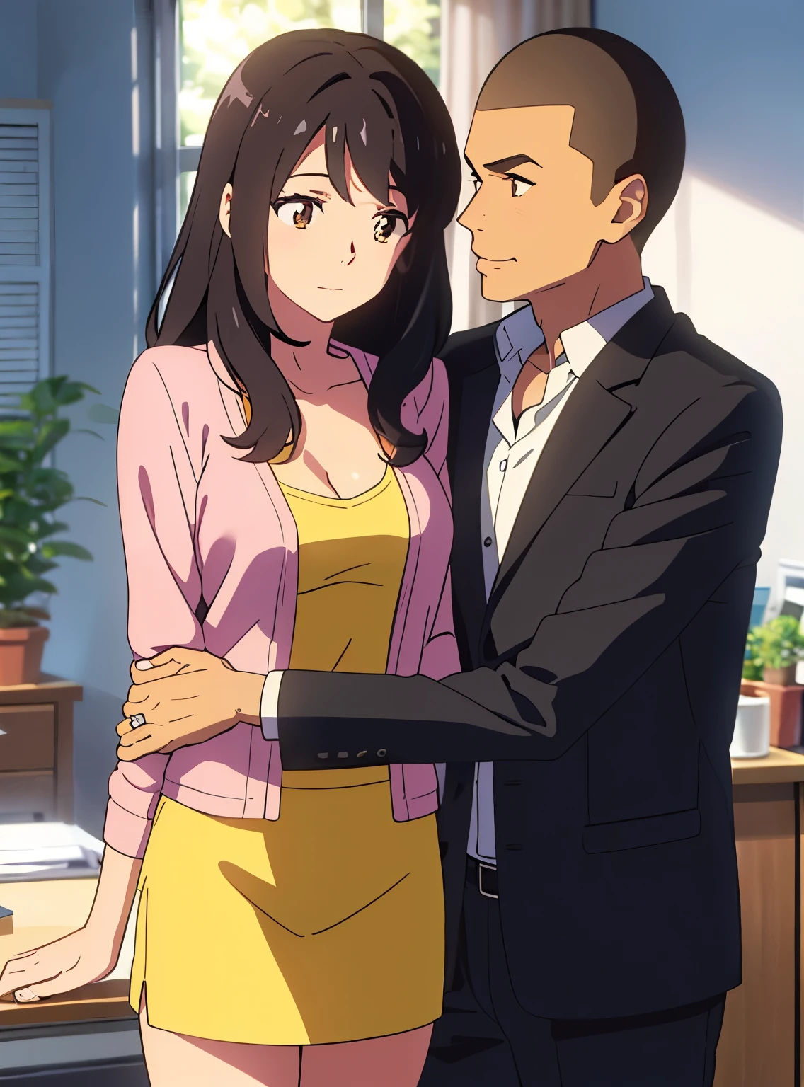 shinkai makoto, kimi no na wa., 1boy, buzzcut,office suit, boy caressing girl's body, passionate hug, 1girl, bangs, black hair, brown eyes, Twisted Half Up, red ribbon, long hair, long sleeve light pink cardigan, open shirt, yellow shirt, cleavage, breast, medium breast, storage room, indoors, masterpiece, perfect anatomy, cowboyshot