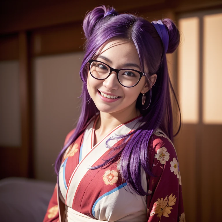(masterpiece, best quality:1.4), (standing:1.5) (graceful pose:1), 1girl, solo, (european youth:1), arale, glasses, blue eyes, long hair, purple hair, with the word "ARALE", red kimono with floral printed, looking at viewer, beautiful smile, beautiful face, smiley eyes, highly detailed face, highly detailed eyes, white teeth, mature looking, highly detailed skin, skin pores, subsurface scattering, realistic pupils, full face blush, full lips, detailed background, depth of field, volumetric lighting, sharp focus, absurdres, realistic proportions, good anatomy, (realistic, hyperrealistic:1.4), 16k hdr,