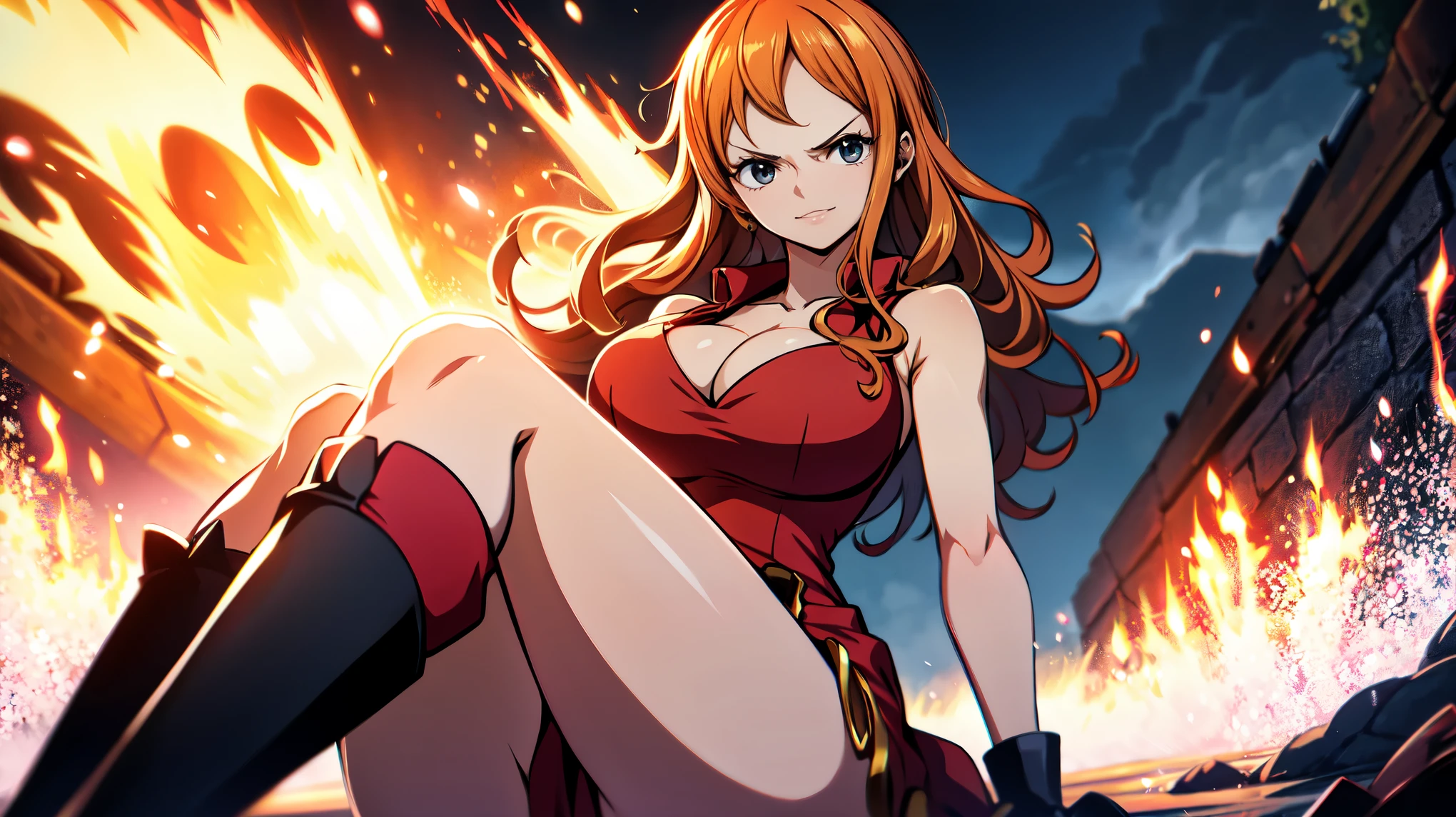 Nami one piece dressed in a red dress with black boots with arms crossed in a sensual pose showing cleavage , seios , mostrando suas pernas , qualidade de imagem ultra hd detalhada com cores vibrantes , pegando fogo de fundo 