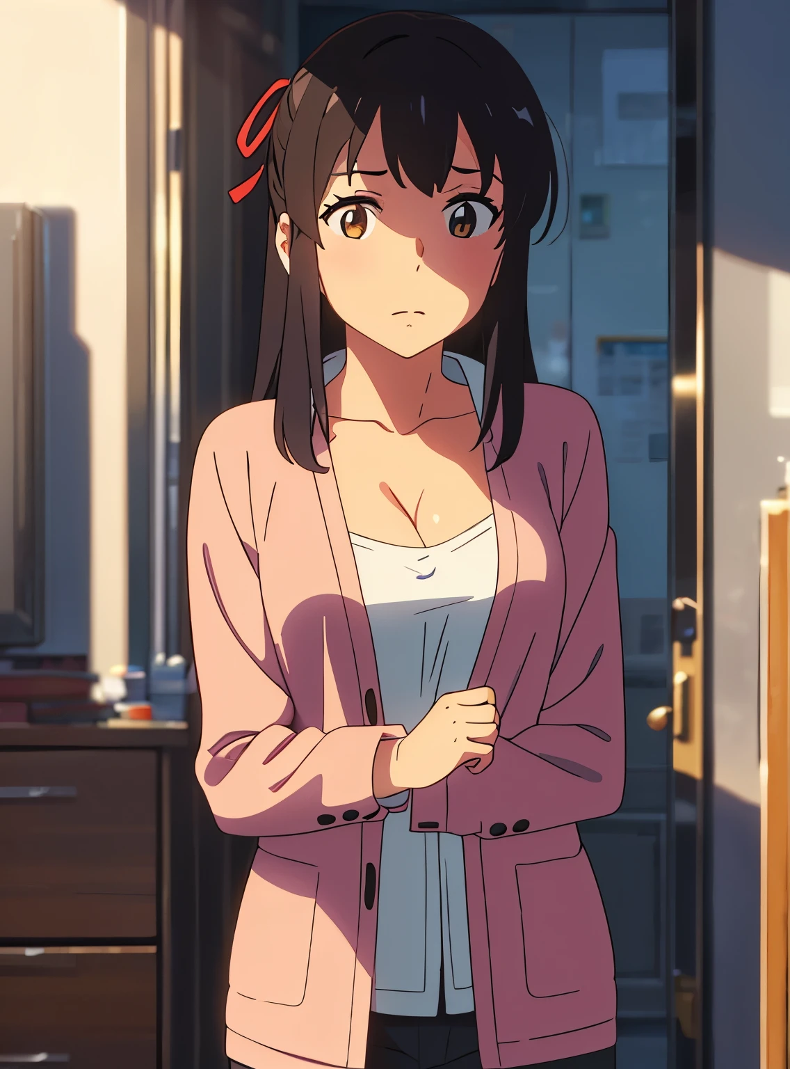 shinkai makoto, kimi no na wa., 1boy, buzzcut,office suit, boy caressing girl's body, passionate hug, 1girl, bangs, black hair, brown eyes, Twisted Half Up, red ribbon, long hair, long sleeve light pink cardigan, open shirt, yellow shirt, cleavage, breast, medium breast, storage room, indoors, masterpiece, perfect anatomy, cowboyshot