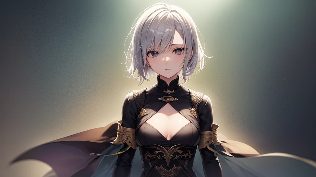 super high quality, with a girl, 20-year-old, very short hair, long bangs between the eyes, gray eyes , very detailed,(masterpiece、highest quality)、alone、gray hair、fantasy, silver hair, black eye, beautiful eyes, ecstasy, charm, be smitten with audience, Kuichi