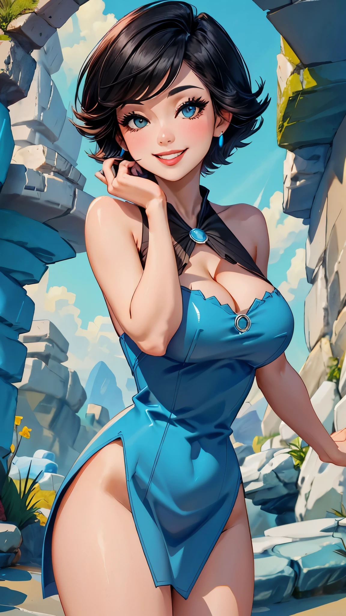 (Betty OC:1), (short hair, black hair, blue dress, bare shoulders:1), (curved, Big breasts), looking at the audience, Smile, lean forward, Sexy, Lovely, cave,( hairpin:1.2), cleavage portrait,
(masterpiece:1.2), (best quality, best quality), (Super detailed), (8k, 4K, complex), (50mm),