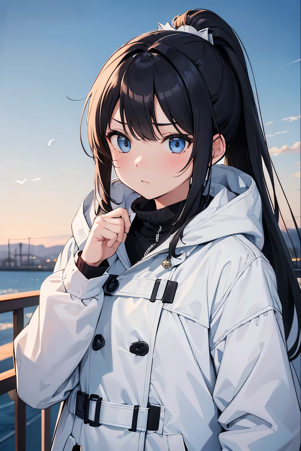meek、black hair、expensive、backend、cold、boring、winter、fluttering hair、ponytail、light blue eyes、white coat、literature、blush、white and fluffy hair clip、white coatを着た、adult woman、身長のexpensive、A look of contempt、contempt、scorn、angry、Whole hairが映った、Whole hair