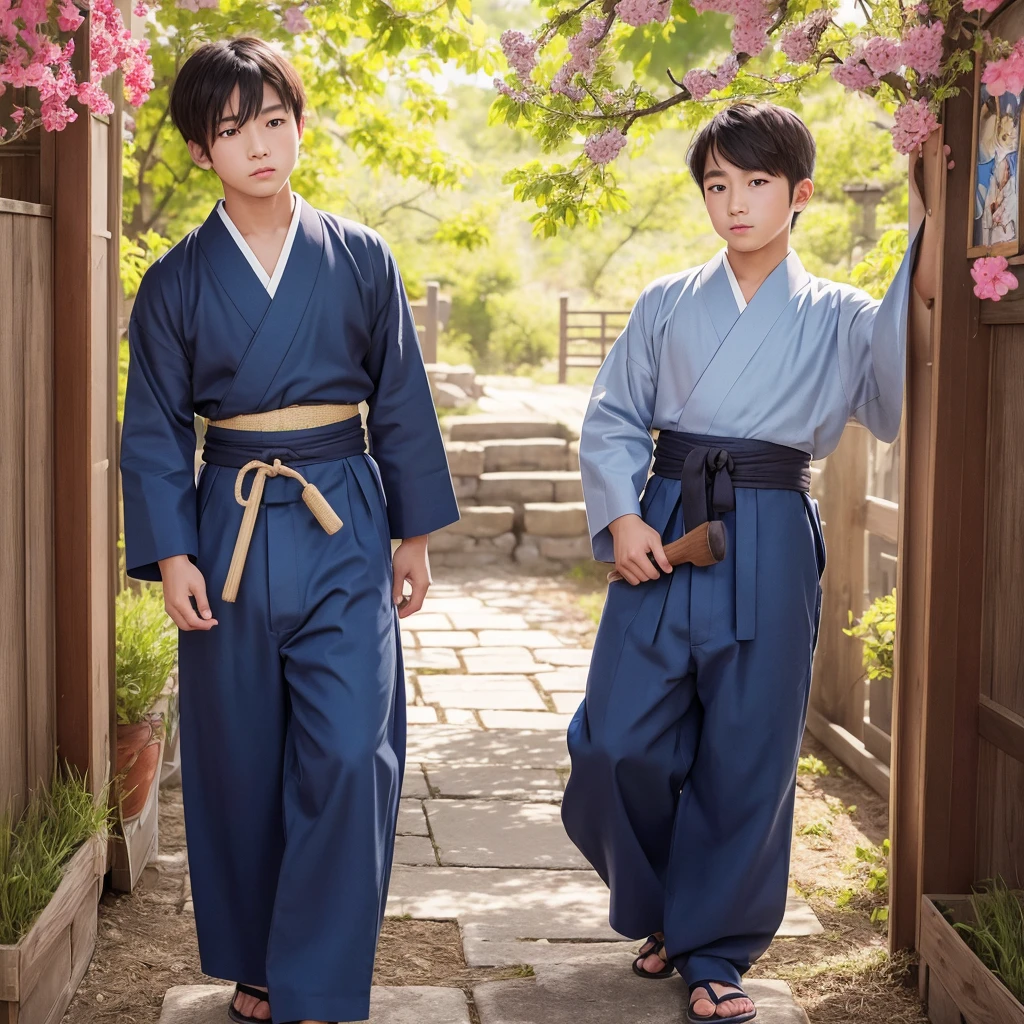 High resolution, Super detailed, masterpiece, highest quality,oriental、boy、Wearing traditional Japanese costumes、alone、boy doing farm work、Hakama、pants、game poster、