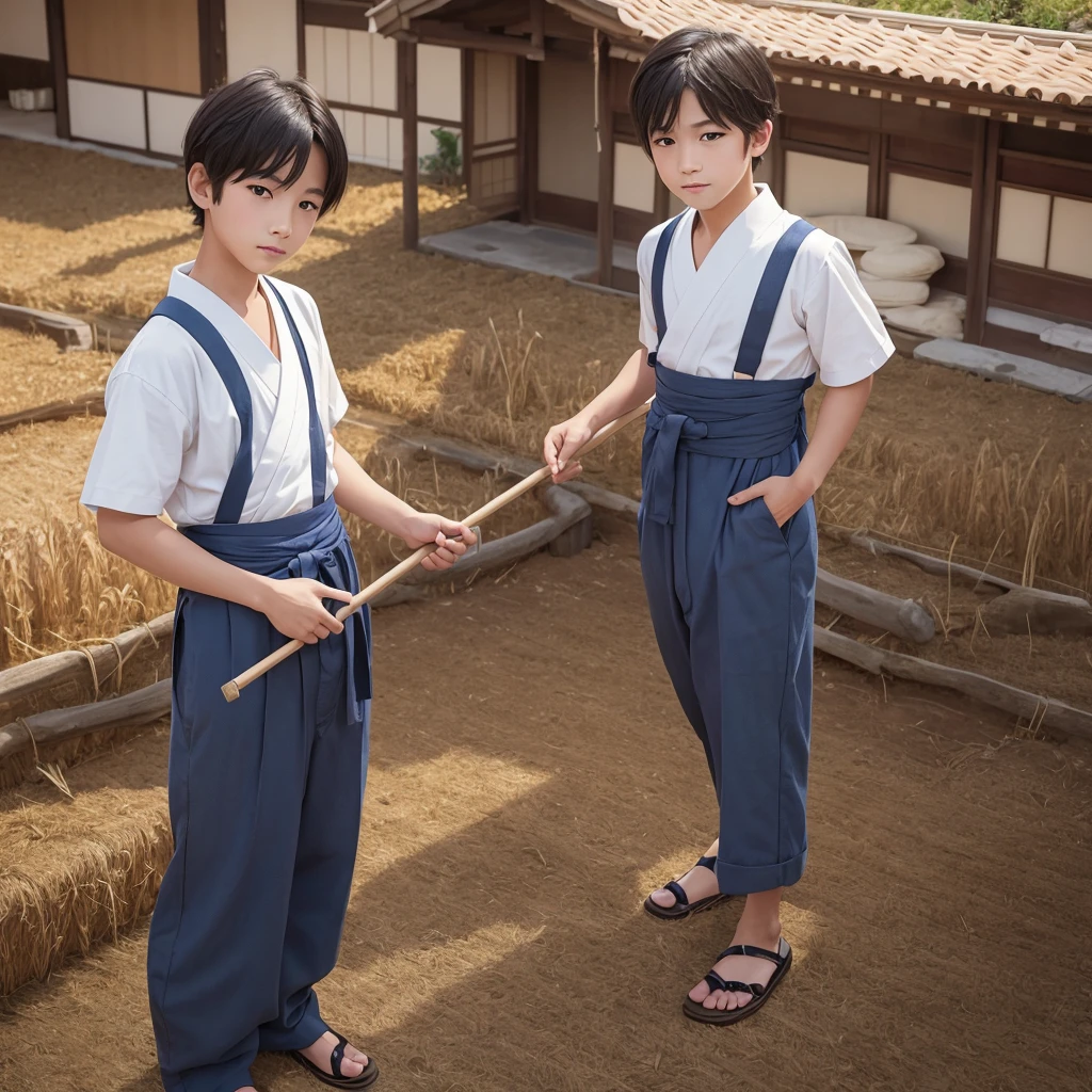  High resolution, Super detailed, masterpiece, highest quality,oriental、boy、Wearing traditional Japanese costumes、alone、boy doing farm work、Hakama、pants、game poster、