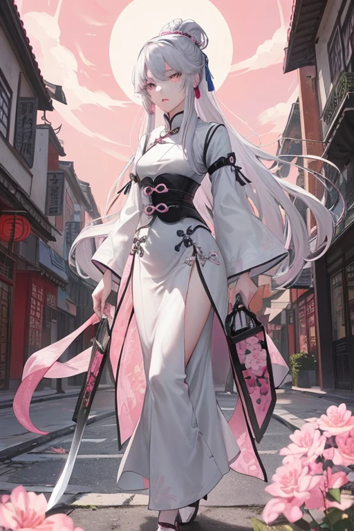 pink panty, Masterpiece, Best Quality, Night, Full Moon, 1 Girl, Mature Woman, Chinese Style, Ancient China, Sister, Royal Sister, Cold expression, expressionless face, Silver white long haired woman, Light pink lips, Calm, Intellectual, Three belts, Gray pupils, Assassin, Short knife, Flower ball background, Strolling in the street scenery