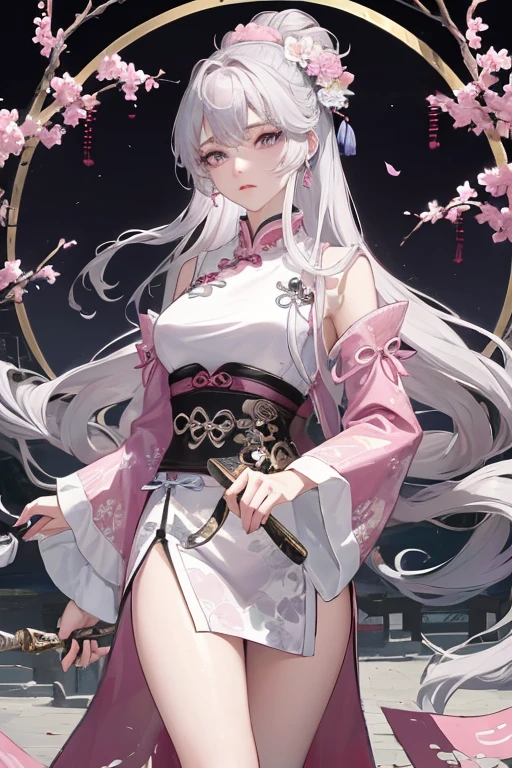 pink panty, Masterpiece, Best Quality, Night, Full Moon, 1 Girl, Mature Woman, Chinese Style, Ancient China, Sister, Royal Sister, Cold expression, expressionless face, Silver white long haired woman, Light pink lips, Calm, Intellectual, Three belts, Gray pupils, Assassin, Short knife, Flower ball background, Strolling in the street scenery