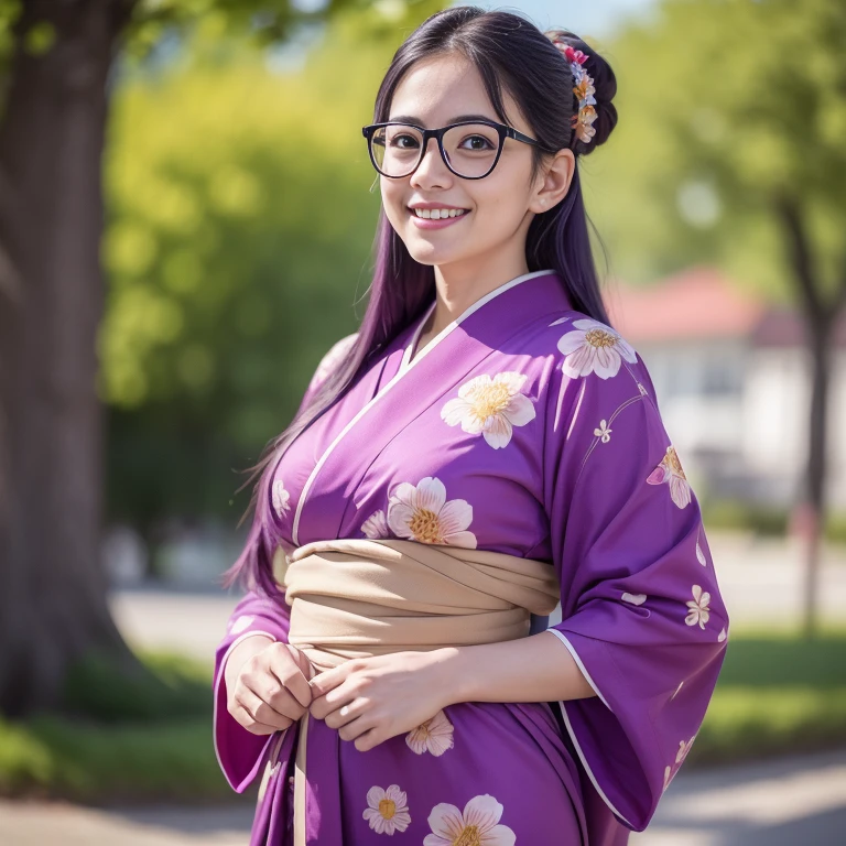 (masterpiece, best quality:1.4), (standing:1.5) (graceful pose:1), 1girl, solo, (european youth:1), arale, glasses, blue eyes, long hair, purple hair, with the word "ARALE", red kimono with floral printed, looking at viewer, beautiful smile, beautiful face, smiley eyes, highly detailed face, highly detailed eyes, white teeth, mature looking, highly detailed skin, skin pores, subsurface scattering, realistic pupils, full face blush, full lips, detailed background, depth of field, volumetric lighting, sharp focus, absurdres, realistic proportions, good anatomy, (realistic, hyperrealistic:1.4), 16k hdr,