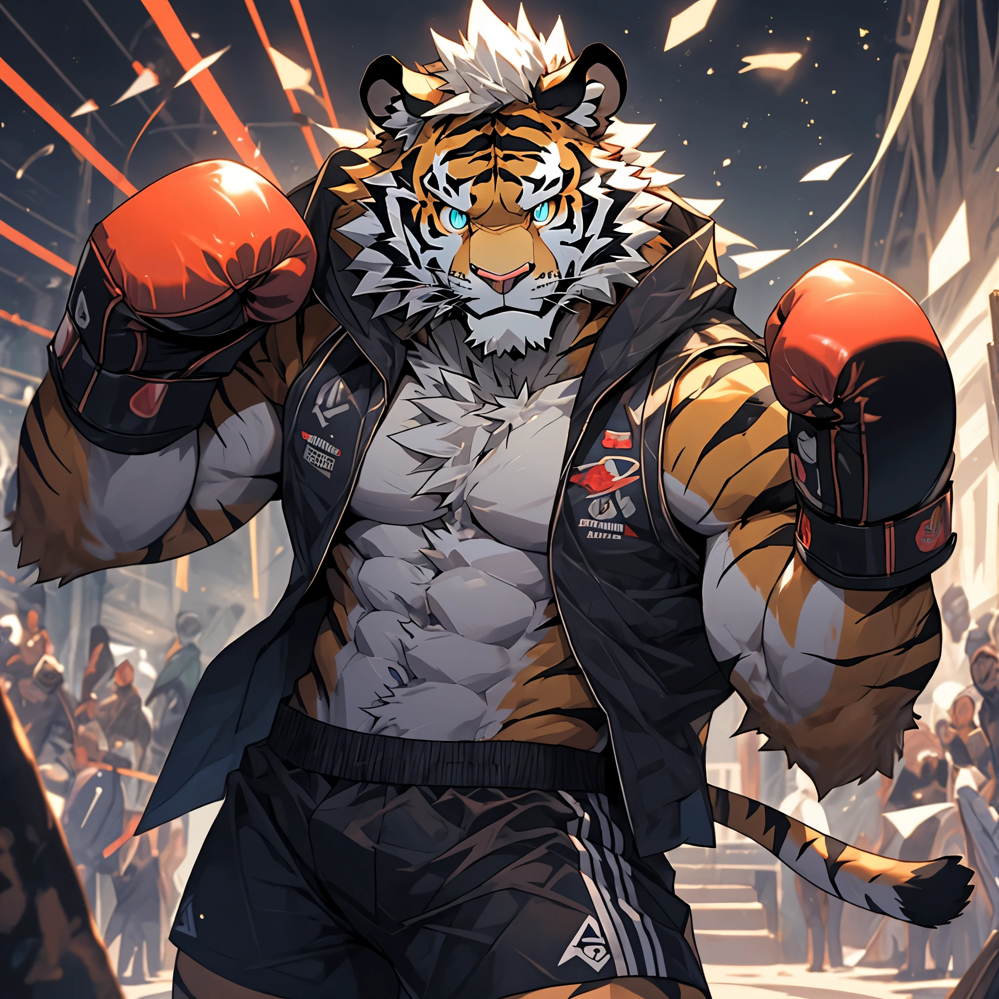 Cartoon character with big chest muscles, anthropomorphic tiger, tiger_beast, Detailed fanart, high resolution committee,(stand:1.2), Rich in details、colorful,Very detailed!, (strike a mighty pose),pov furry art ,(boxing套装:1.5),fur,(A pair of eyes with different pupil colors:2),(panoramic),solo,underground boxing ring,boxing,(The anime character is wearing boxing gloves, a naked tiger on his arm, sports shorts, and barefoot), (SFW) Work, Jazz and Ross Draw, Popular topics on artstation pixiv, on pixiv, high resolution committee, guys, tiger_beast, pixiv contest winners, Detailed digital animation art, pixiv style, High quality fan art, anthropomorphic tiger,nsfw,(best quality:1.1),(best details:1.2),(masterpiece:1.1),Super detailed