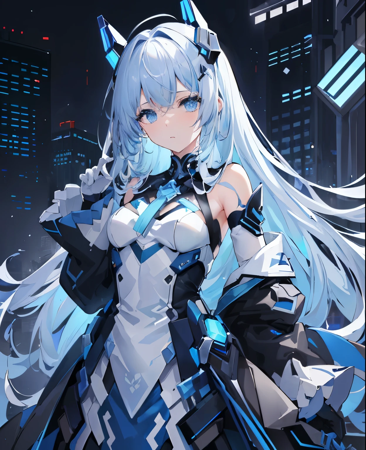 Masterpiece、near future、Super exquisite、top quality、Super detailed、Very detailed的插图、Very detailed、intricate details、high resolution、超级intricate details、HVery detailed 8k CG wallpapers、Caustics、reflector、Ray tracing、1 girl in:1.4)、solo、alone、(blue_theme:1.3)、(Grace_theme:1.3)、(Mecha Maiden(blue_theme:1.6)、Mecha Maiden(Blanche_theme:1.1)、Mecha Maiden、machine components、joint、mechanical臂、mechanical腿、Headgear、复杂的mechanical连体衣、mechanical能翼、Electromechanical parts、Network parts、technology、energy rifle(mechanical)、)、very long hair、黑色和blue头发(Black and blue long style)、 Eye((蓝Eye睛、黄Eye睛、)(容光焕发的Eye睛、)(Eye球轨迹、))random facial expression、Tokyo eight cities(Shibuya)、City、at night、((neon lights、blue Neon Light))、(background for this、(blue_theme:1.3)、(Grace_theme:1.3)、City)、((Masterpiece))、absurd、north african trade zone、(headshot pose)、Cyberpunk City、Masterpiece、high resolution、