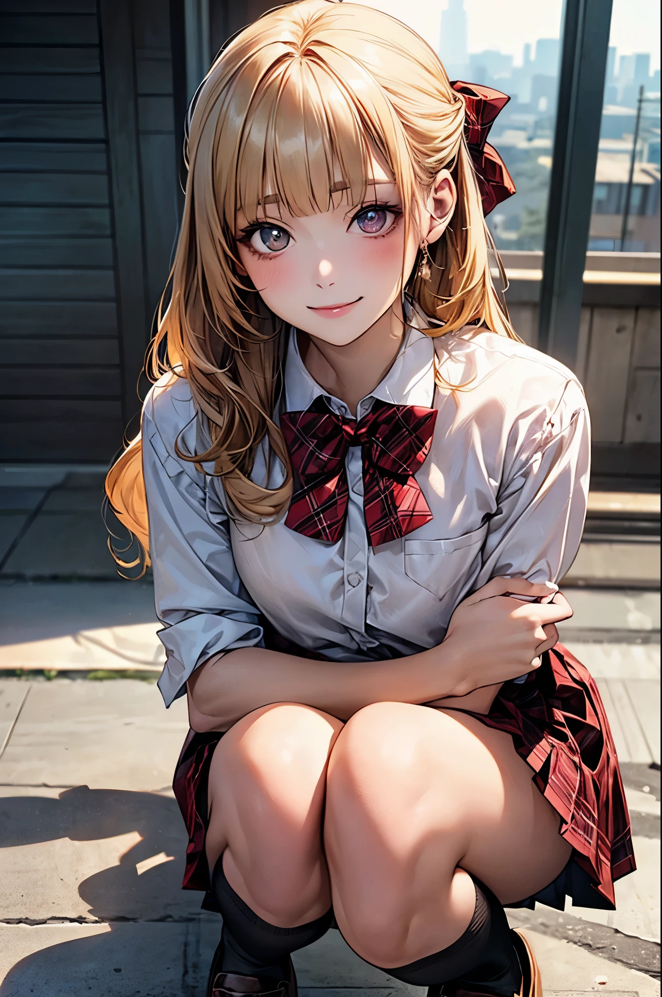 (masterpiece:1.2, top-quality), (realistic, photorealistic:1.4), beautiful illustration, (natural side lighting, movie lighting), nsfw, 
looking at viewer, cowboy shot, front view:0.6, 1 girl, japanese, high school girl, perfect face, cute and symmetrical face, shiny skin, 
(long hair:1.2, half updo:1.4, blond hair), blunt bangs, gold eyes, drooping eyes, long eye lasher, (large breasts:0.6), 
beautiful hair, beautiful face, beautiful detailed eyes, beautiful clavicle, beautiful body, beautiful chest, beautiful thigh, beautiful legs, beautiful fingers, 
((white collared shirts, grey pleated skirt, black socks, red plaid bow tie), pink panty), 
(beautiful scenery), morning, school rooftop, squatting, (lovely smile, upper eyes), 