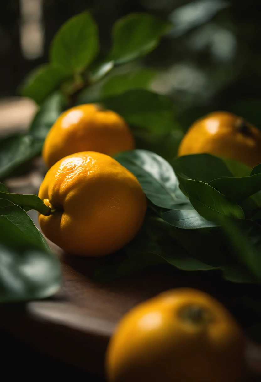 An aesthetic photography composition showcasing a yellow mandarin fruit amidst a cluster of vibrant green leaves, with the natural light casting beautiful shadows and highlights, creating a visually pleasing and organic scene.