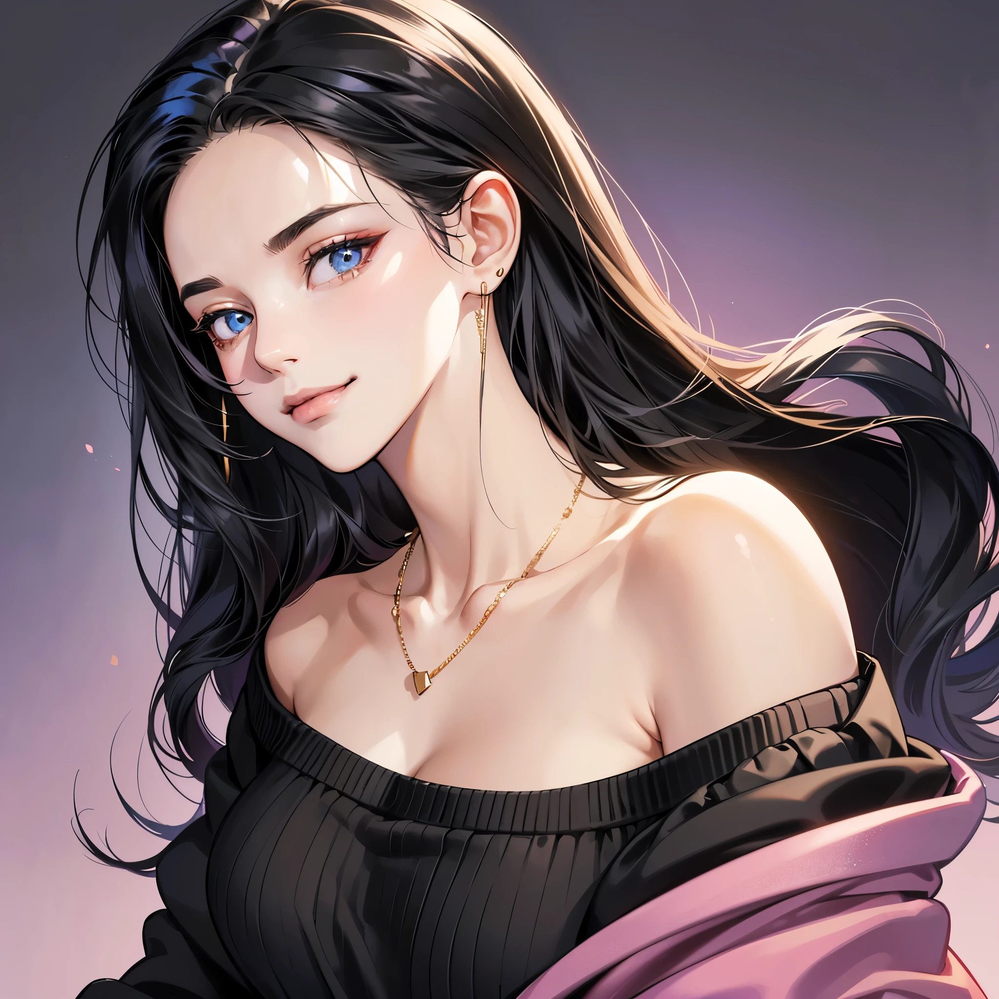 (table top, digital art, digital illustration, 4K, 8K, super detailed, beautiful images, clear image, realistic, RAW photo, perfect face, perfect lines, perfect eyes, soft lighting) ,1 female, (long black hair,Bullish gaze,beautiful woman,closed mouth,smirk,Mature,slender,23 year old female,:1.3),Wearing an off-shoulder black sweater, she looks back at the viewer.、Earrings and necklace are pink gold、Black and blue gradient background