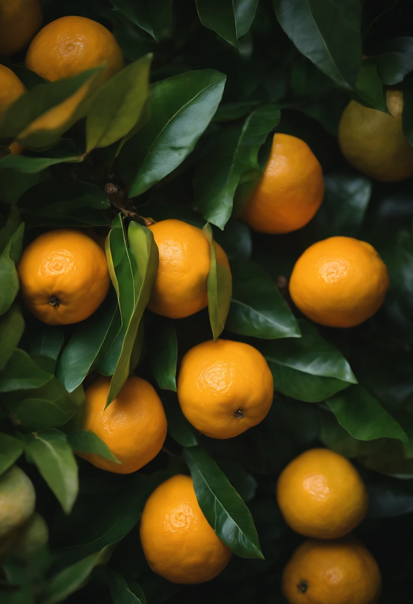 An aesthetic photography composition showcasing a yellow mandarin fruit amidst a cluster of vibrant green leaves, with the natural light casting beautiful shadows and highlights, creating a visually pleasing and organic scene.