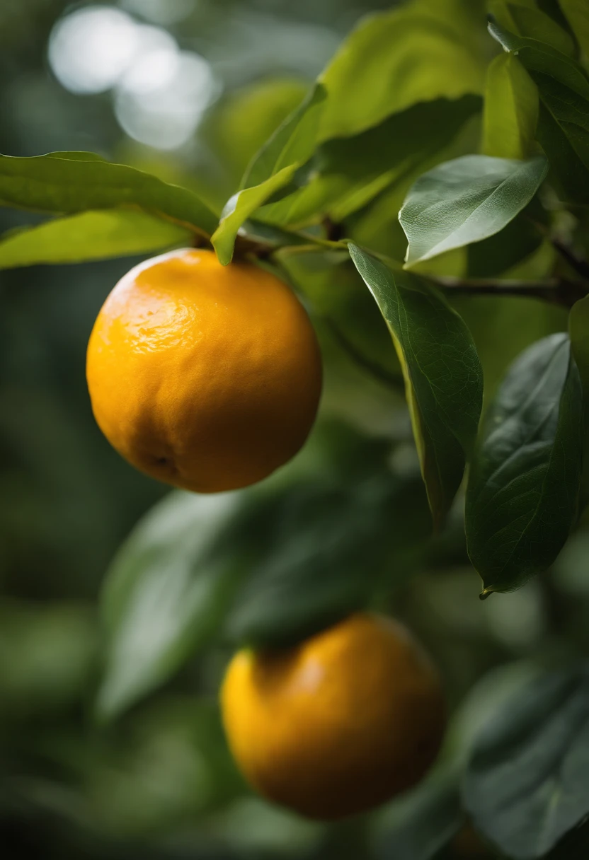 An aesthetic photography composition showcasing a yellow mandarin fruit amidst a cluster of vibrant green leaves, with the natural light casting beautiful shadows and highlights, creating a visually pleasing and organic scene.