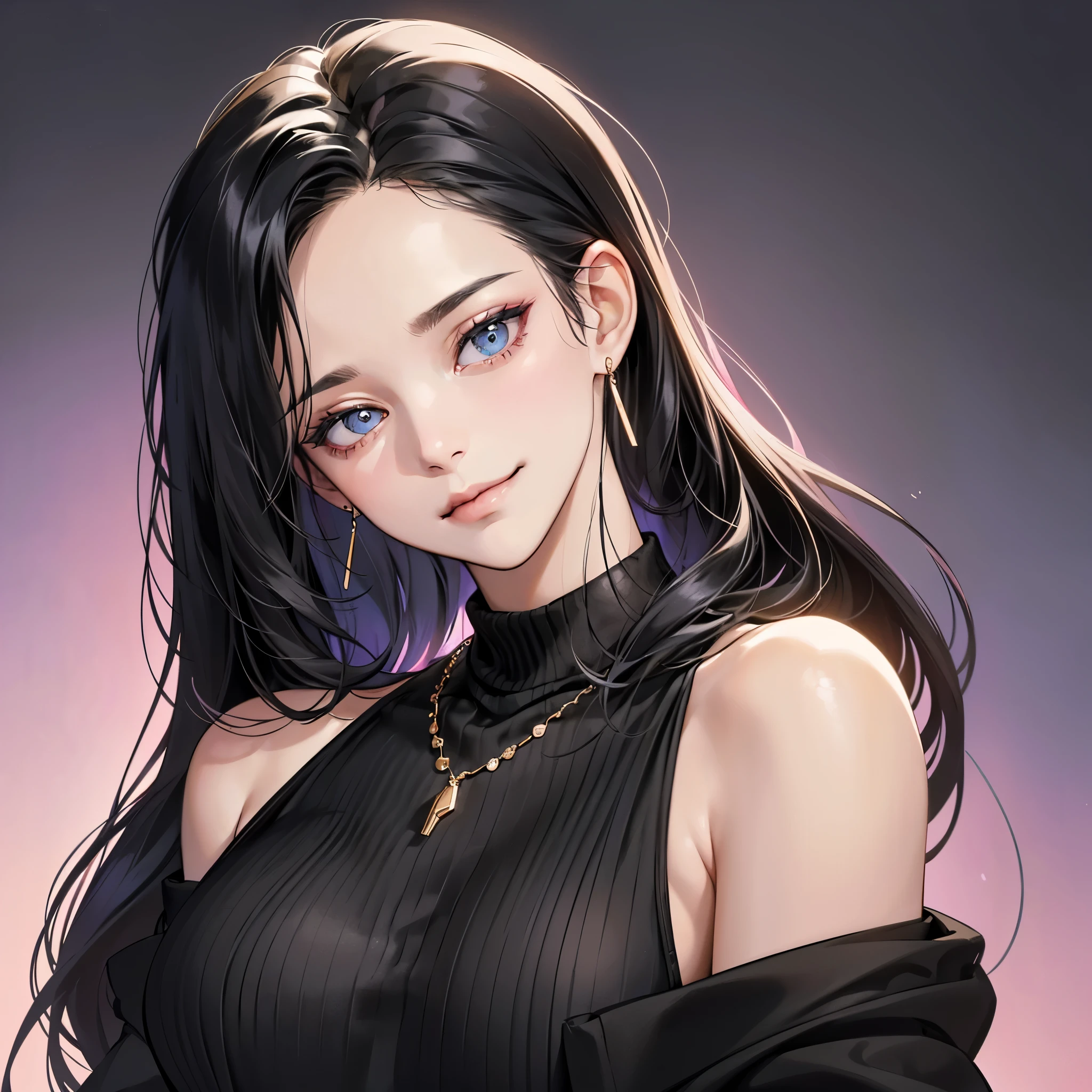 (table top, digital art, digital illustration, 4K, 8K, super detailed, beautiful images, clear image, realistic, RAW photo, perfect face, perfect lines, perfect eyes, soft lighting) ,1 female, (long black hair,Bullish gaze,beautiful woman,closed mouth,smirk,Mature,slender,23 year old female,:1.3),Wearing an off-shoulder black sweater, she looks back at the viewer.、Earrings and necklace are pink gold、Black and blue gradient background