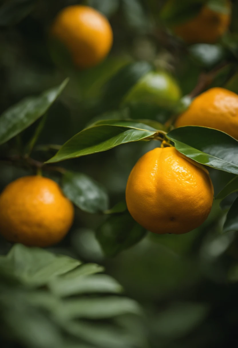 An aesthetic photography composition showcasing a yellow mandarin fruit amidst a cluster of vibrant green leaves, with the natural light casting beautiful shadows and highlights, creating a visually pleasing and organic scene.