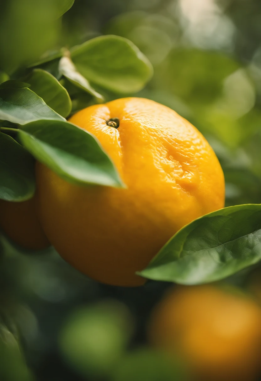 An aesthetic photography composition showcasing a yellow mandarin fruit amidst a cluster of vibrant green leaves, with the natural light casting beautiful shadows and highlights, creating a visually pleasing and organic scene.
