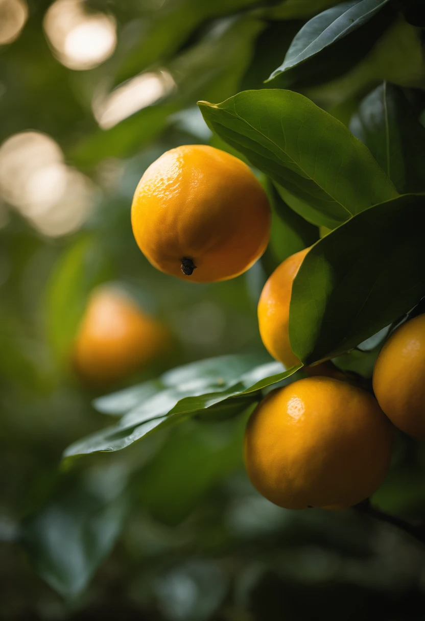 An aesthetic photography composition showcasing a yellow mandarin fruit amidst a cluster of vibrant green leaves, with the natural light casting beautiful shadows and highlights, creating a visually pleasing and organic scene.