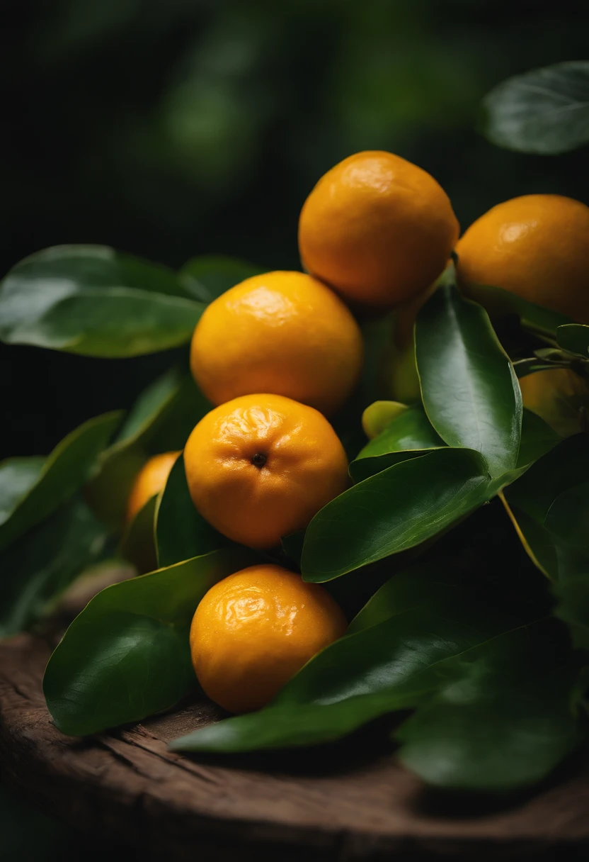 An aesthetic photography composition showcasing a yellow mandarin fruit amidst a cluster of vibrant green leaves, with the natural light casting beautiful shadows and highlights, creating a visually pleasing and organic scene.