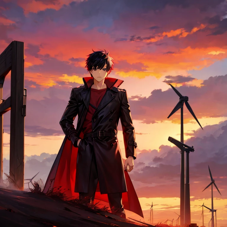 short black hair，red pupils，Purple hooded trench coat，Wind power，young male，Background with red sky and beast silhouette