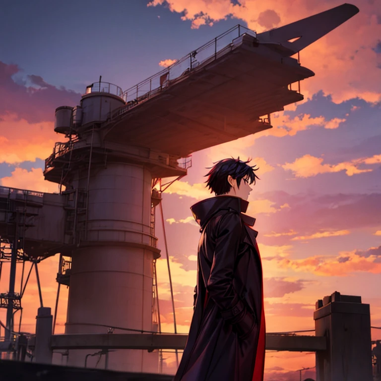 short black hair，red pupils，Purple hooded trench coat，Wind power，young male，Background with red sky and beast silhouette