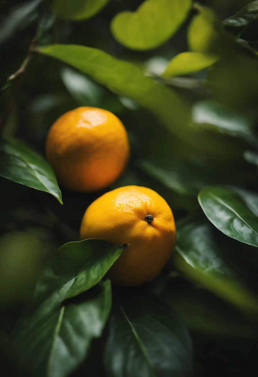 An aesthetic photography composition showcasing a yellow mandarin fruit amidst a cluster of vibrant green leaves, with the natural light casting beautiful shadows and highlights, creating a visually pleasing and organic scene.