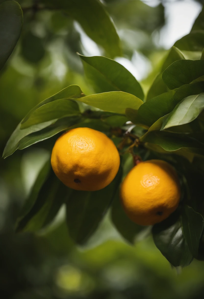 An aesthetic photography composition showcasing a yellow mandarin fruit amidst a cluster of vibrant green leaves, with the natural light casting beautiful shadows and highlights, creating a visually pleasing and organic scene.