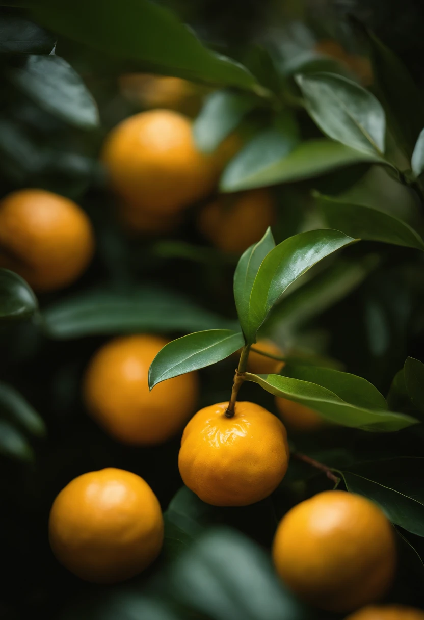 An aesthetic photography composition showcasing a yellow mandarin fruit amidst a cluster of vibrant green leaves, with the natural light casting beautiful shadows and highlights, creating a visually pleasing and organic scene.