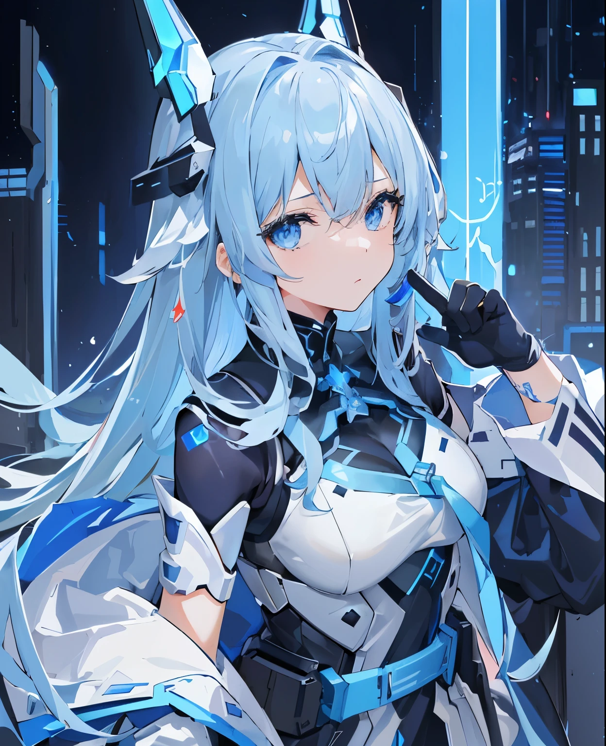 ​Masterpiece、near future、Super exquisite、top quality、Super detailed、Very detailed的插图、Very detailed、intricate details、high resolution、超级intricate details、HVery detailed 8k CG wallpapers、Caustics、reflector、Ray tracing、1 girl in:1.4)、solo、alone、(blue_theme:1.3)、(Grace_theme:1.3)、(Mecha Maiden(blue_theme:1.6)、Mecha Maiden(Blanche_theme:1.1)、Mecha Maiden、machine components、joint、mechanical臂、mechanical腿、Headgear、复杂的mechanical连体衣、mechanical能翼、Electromechanical parts、Network parts、technology、energy rifle(mechanical)、)、very long hair、黑色和blue头发(Black and blue long style)、 Eye((蓝Eye睛、黄Eye睛、)(容光焕发的Eye睛、)(Eye球轨迹、))random facial expression、Tokyo eight cities(Shibuya)、City、at night、((neon lights、blue Neon Light))、(background for this、(blue_theme:1.3)、(Grace_theme:1.3)、City)、((​Masterpiece))、absurd、north african trade zone、(headshot pose)、Cyberpunk City、​Masterpiece、high resolution、
