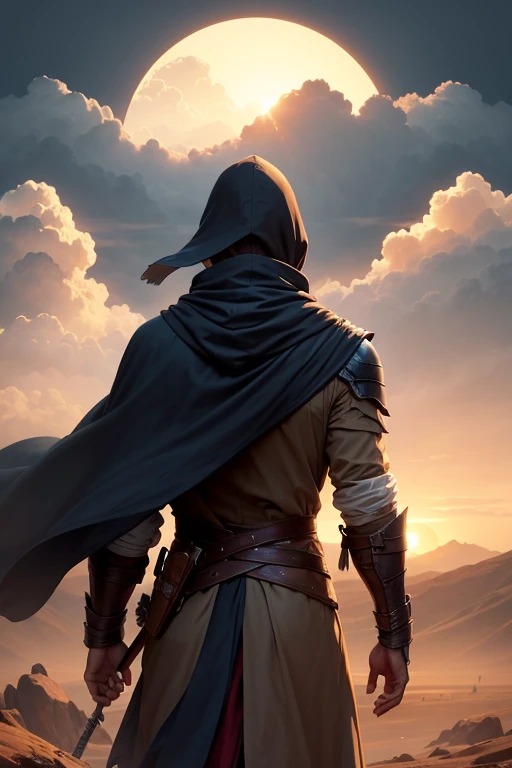 Ancient warriors in trench coats walk firmly into the distance,He wears a cloak on his head,中景 the scene is,facing away from the audience,(Vast desert:1.2),(Rolling white clouds:1.2),(Lonely smoke drifted into the sky:1.2),The smoke is thick,Eagles fly,(The setting sun shines obliquely through the clouds),vivd colour(Light particle effect),(Masterpiece),(Extremely detailed picture description),(8k wallpaper),(Master painting),(Ink painting style),(Noticeable light and shadow effects),(Ray traching),(Obvious layers),(depth of fields),(best qualityer)