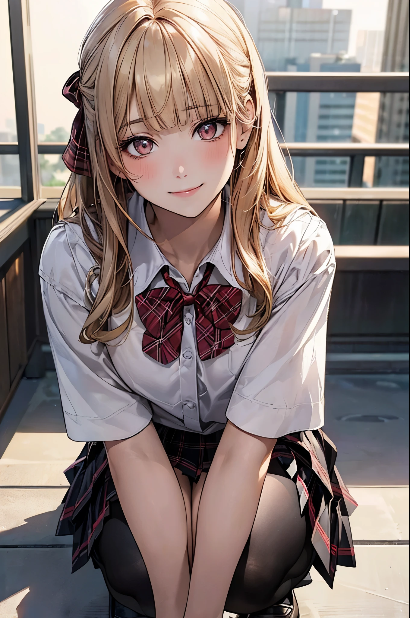 (masterpiece:1.2, top-quality), (realistic, photorealistic:1.4), beautiful illustration, (natural side lighting, movie lighting), nsfw,
looking at viewer, cowboy shot, front view:0.6, 1 girl, japanese, high school girl, perfect face, cute and symmetrical face, shiny skin,
(long hair:1.2, half updo:1.4, blond hair), blunt bangs, gold eyes, drooping eyes, long eye lasher, (large breasts:0.6),
beautiful hair, beautiful face, beautiful detailed eyes, beautiful clavicle, beautiful body, beautiful chest, beautiful thigh, beautiful legs, beautiful fingers,
((white collared shirts, grey pleated skirt, black socks, red plaid bow tie), pink panty),
(beautiful scenery), morning, school rooftop, squatting, (lovely smile, upper eyes),