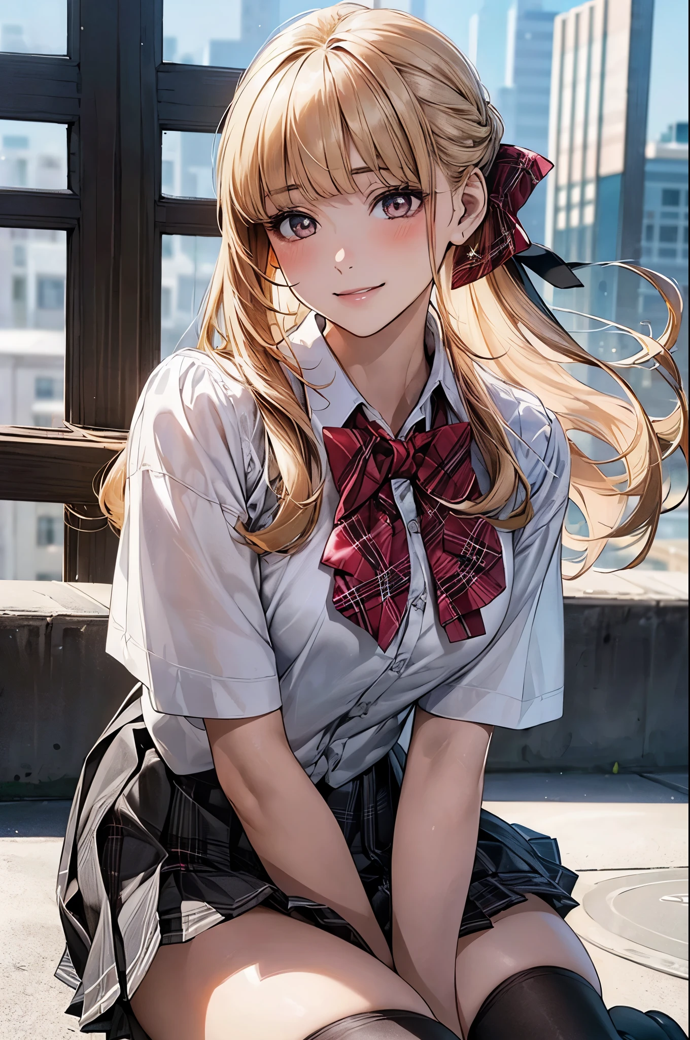 (masterpiece:1.2, top-quality), (realistic, photorealistic:1.4), beautiful illustration, (natural side lighting, movie lighting), nsfw,
looking at viewer, panty shot, front view:0.6, 1 girl, japanese, high school girl, perfect face, cute and symmetrical face, shiny skin,
(long hair:1.2, half updo:1.4, blond hair), blunt bangs, gold eyes, drooping eyes, long eye lasher, (large breasts:0.6),
beautiful hair, beautiful face, beautiful detailed eyes, beautiful clavicle, beautiful body, beautiful chest, beautiful thighs, beautiful legs,
((symmetrical clothing, white collared shirts, grey pleated skirt, red plaid bow tie), pink panty, ), , black socks
(beautiful scenery), morning, school rooftop, squatting, spread legs, (lovely smile, upper eyes),