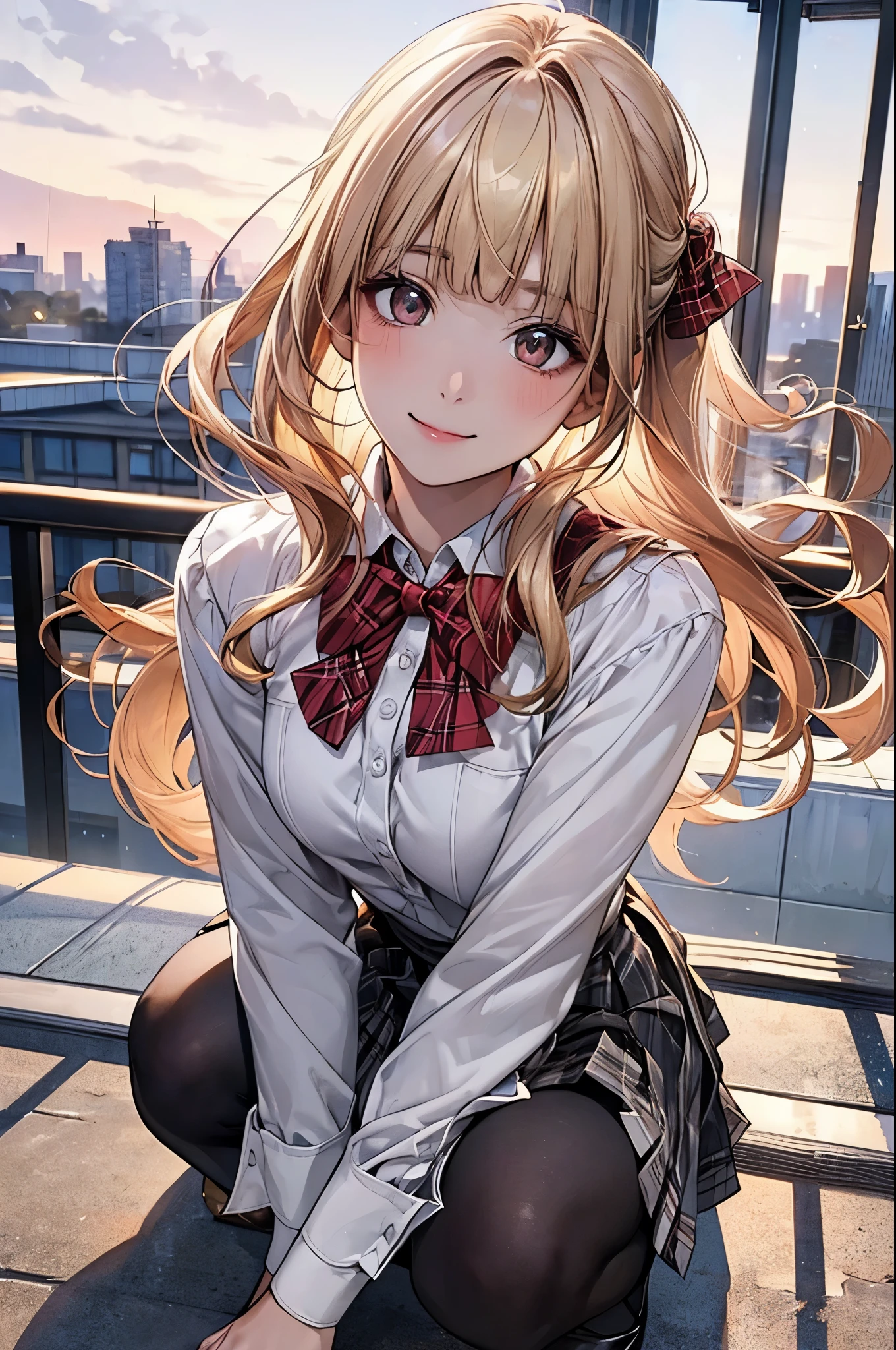 (masterpiece:1.2, top-quality), (realistic, photorealistic:1.4), beautiful illustration, (natural side lighting, movie lighting), nsfw,
looking at viewer, cowboy shot, front view:0.6, 1 girl, japanese, high school girl, perfect face, cute and symmetrical face, shiny skin,
(long hair:1.2, half updo:1.4, blond hair), blunt bangs, gold eyes, drooping eyes, long eye lasher, (large breasts:0.6),
beautiful hair, beautiful face, beautiful detailed eyes, beautiful clavicle, beautiful body, beautiful chest, beautiful thigh, beautiful legs, beautiful fingers,
((white collared shirts, grey pleated skirt, black socks, red plaid bow tie), pink panty),
(beautiful scenery), morning, school rooftop, squatting, (lovely smile, upper eyes),
