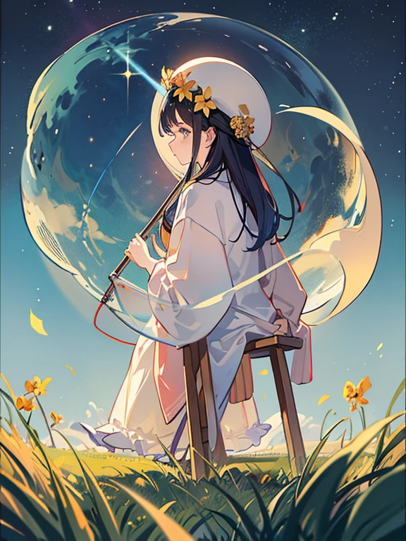 Mejor calidad, obra maestra, extremadamente detallado, antecedentes detallados, animado, 1 chica, chica joven, muchacha de baja estatura, Science fiction, Science fiction, al aire libre, noche, cielo estrellado, invernadero, megaestructura, Bio-domo, paisaje, escenario, Horizonte, Techo, sitting on Techo, Viento, mirando hacia otro lado, atmospheric lighting, enfocarse solo, de cerca, de un lado, profundidad de campo, bokeh