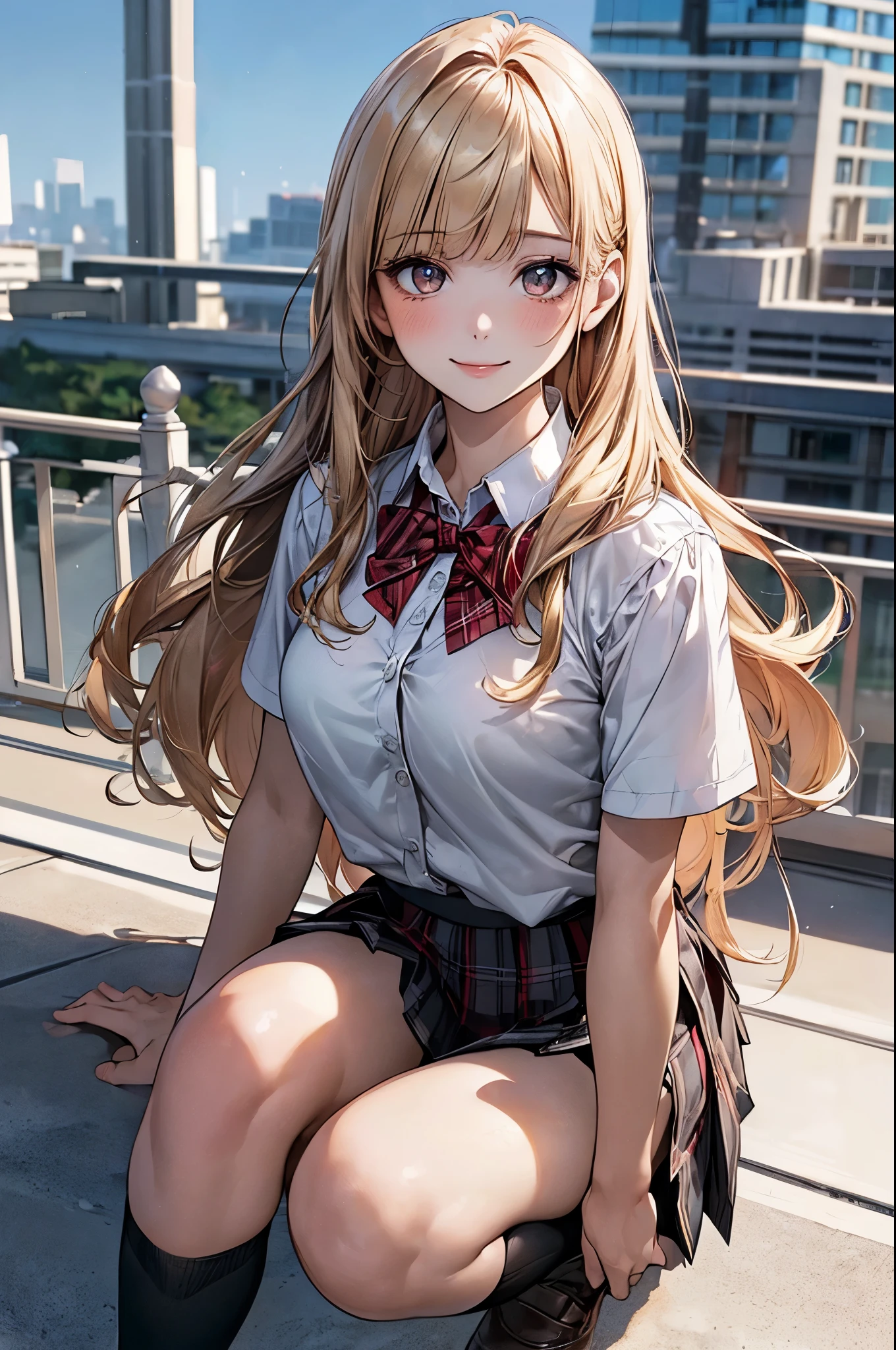 (masterpiece:1.2, top-quality), (realistic, photorealistic:1.4), beautiful illustration, (natural side lighting, movie lighting), nsfw, 
looking at viewer, cowboy shot, front view:0.6, 1 girl, japanese, high school girl, perfect face, cute and symmetrical face, shiny skin, 
(long hair:1.2, half updo:1.4, blond hair), blunt bangs, gold eyes, drooping eyes, long eye lasher, (large breasts:0.6), 
beautiful hair, beautiful face, beautiful detailed eyes, beautiful clavicle, beautiful body, beautiful chest, beautiful thigh, beautiful legs, beautiful fingers, 
((white collared shirts, grey pleated skirt, black socks, red plaid bow tie), pink panty), 
(beautiful scenery), morning, school rooftop, squatting, (lovely smile, upper eyes), 