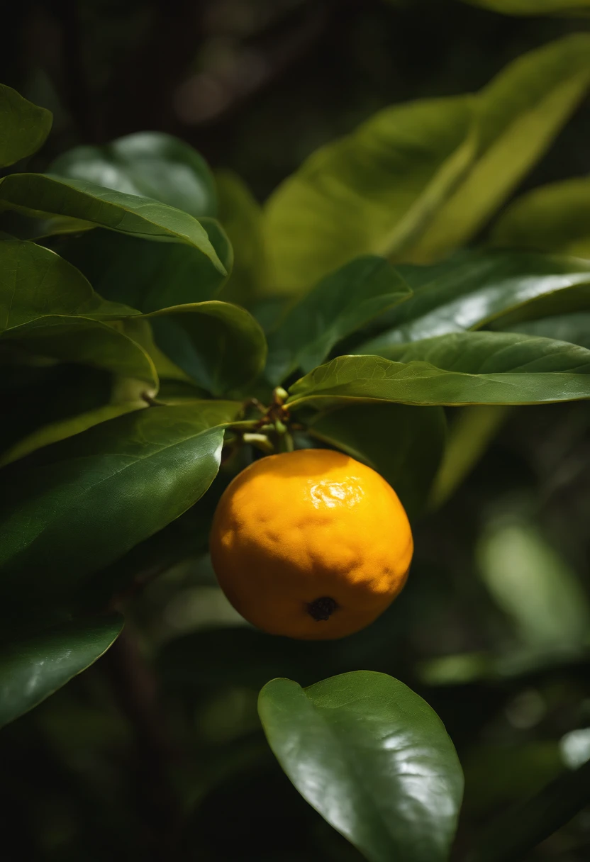 An aesthetic photography composition showcasing a yellow mandarin fruit amidst a cluster of vibrant green leaves, with the natural light casting beautiful shadows and highlights, creating a visually pleasing and organic scene.