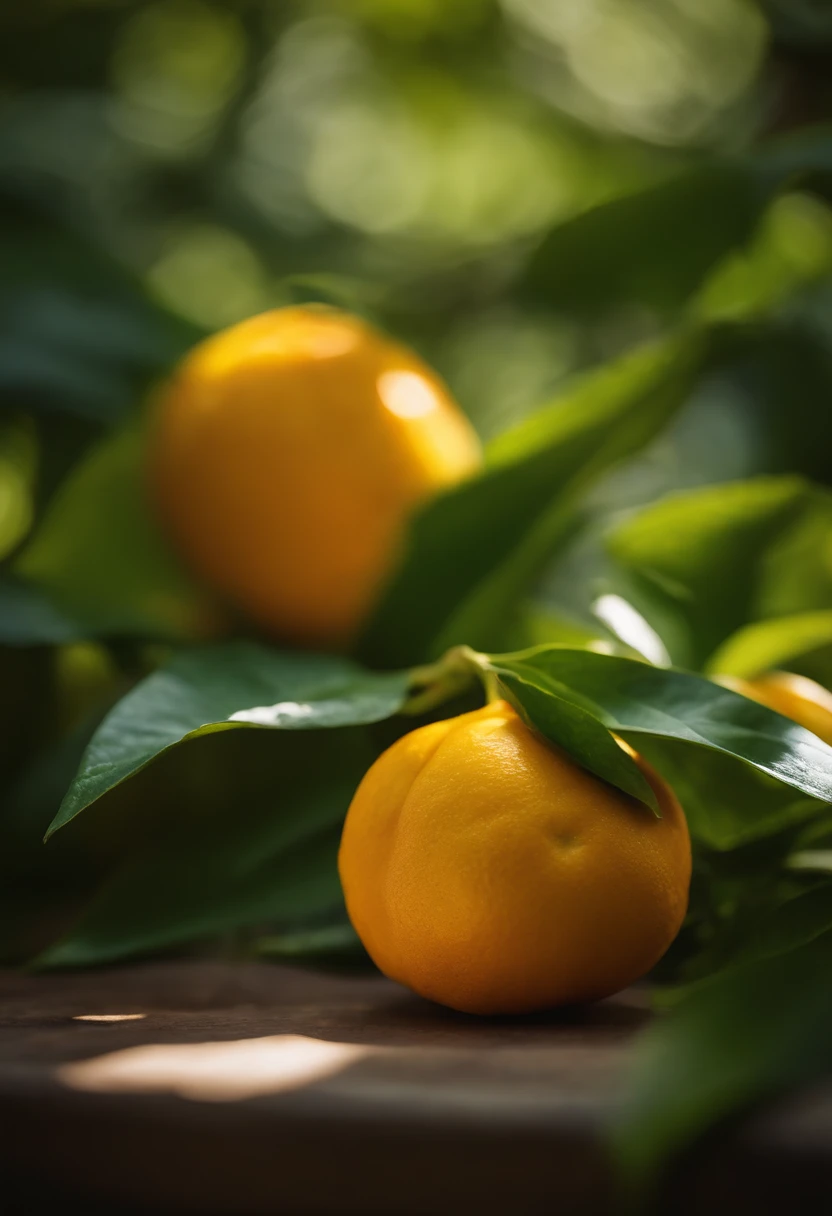 An aesthetic photography composition showcasing a yellow mandarin fruit amidst a cluster of vibrant green leaves, with the natural light casting beautiful shadows and highlights, creating a visually pleasing and organic scene.