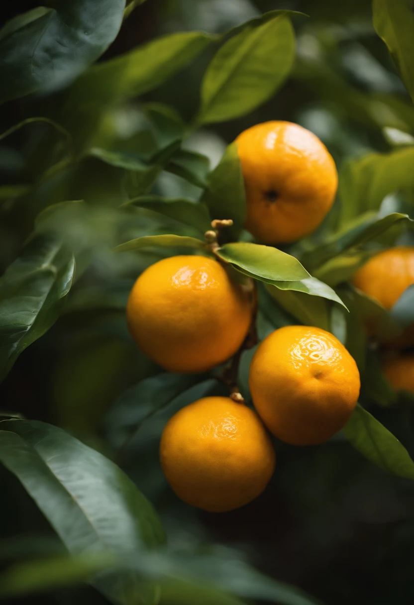 An aesthetic photography composition showcasing a yellow mandarin fruit amidst a cluster of vibrant green leaves, with the natural light casting beautiful shadows and highlights, creating a visually pleasing and organic scene.