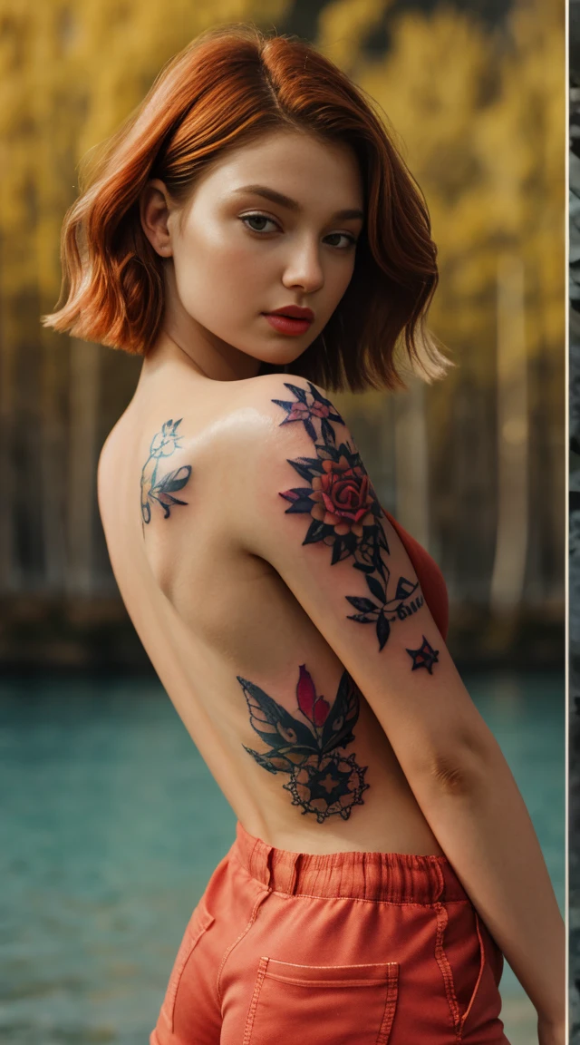 27 years old, gorgeous cute  Russian girl, smirk, freckles, 1girl, full body shot of beautiful ada, looking at viewer, red mini shorts, ginger hair, blush, short hair, night, volumetric lighting, best quality, masterpiece, intricate details, tonemapping, sharp focus, hyper detailed, trending on Artstation, ada, good young girl, (masterpiece:1.0),(best_quality:1.0), ultra high res,4K,ultra-detailed, photography, 8K, HDR, highres, absurdres:1.2, Kodak portra 400, blurry background, bokeh, lens flare, (vibrant_color:1.2),professional photograph,(the_tattoo:1.5),(Beautiful,small_Breasts), (beautiful_face:1.5),(narrow_waist).