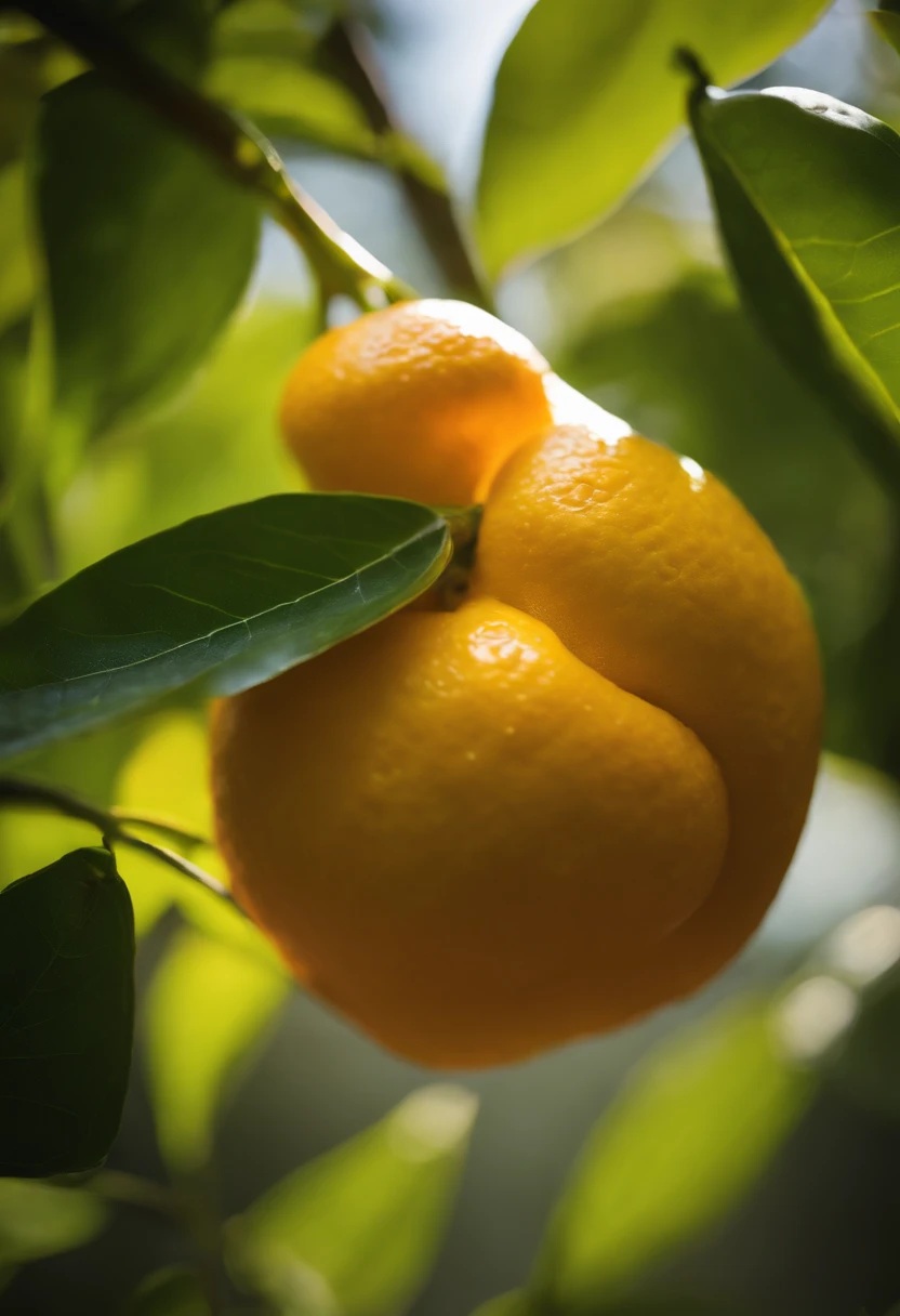 An aesthetic photography composition showcasing a yellow mandarin fruit amidst a cluster of vibrant green leaves, with the natural light casting beautiful shadows and highlights, creating a visually pleasing and organic scene.