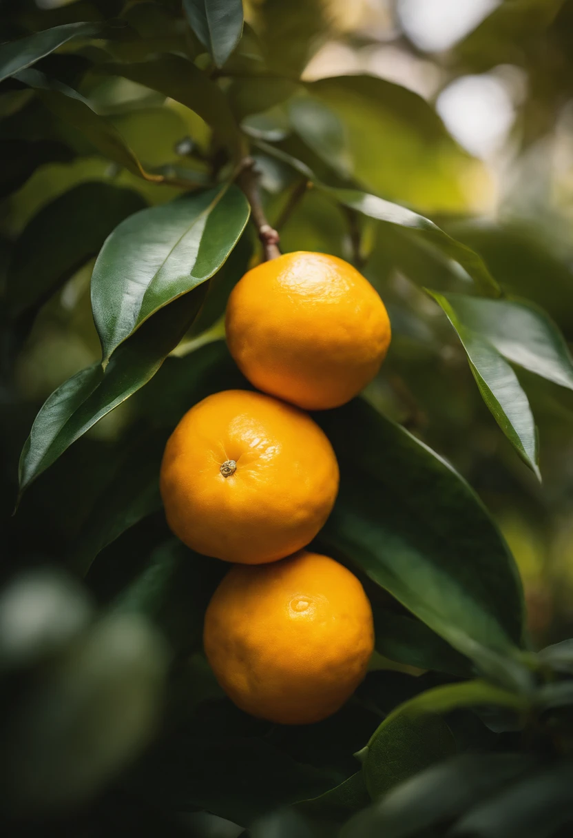 An aesthetic photography composition showcasing a yellow mandarin fruit amidst a cluster of vibrant green leaves, with the natural light casting beautiful shadows and highlights, creating a visually pleasing and organic scene.