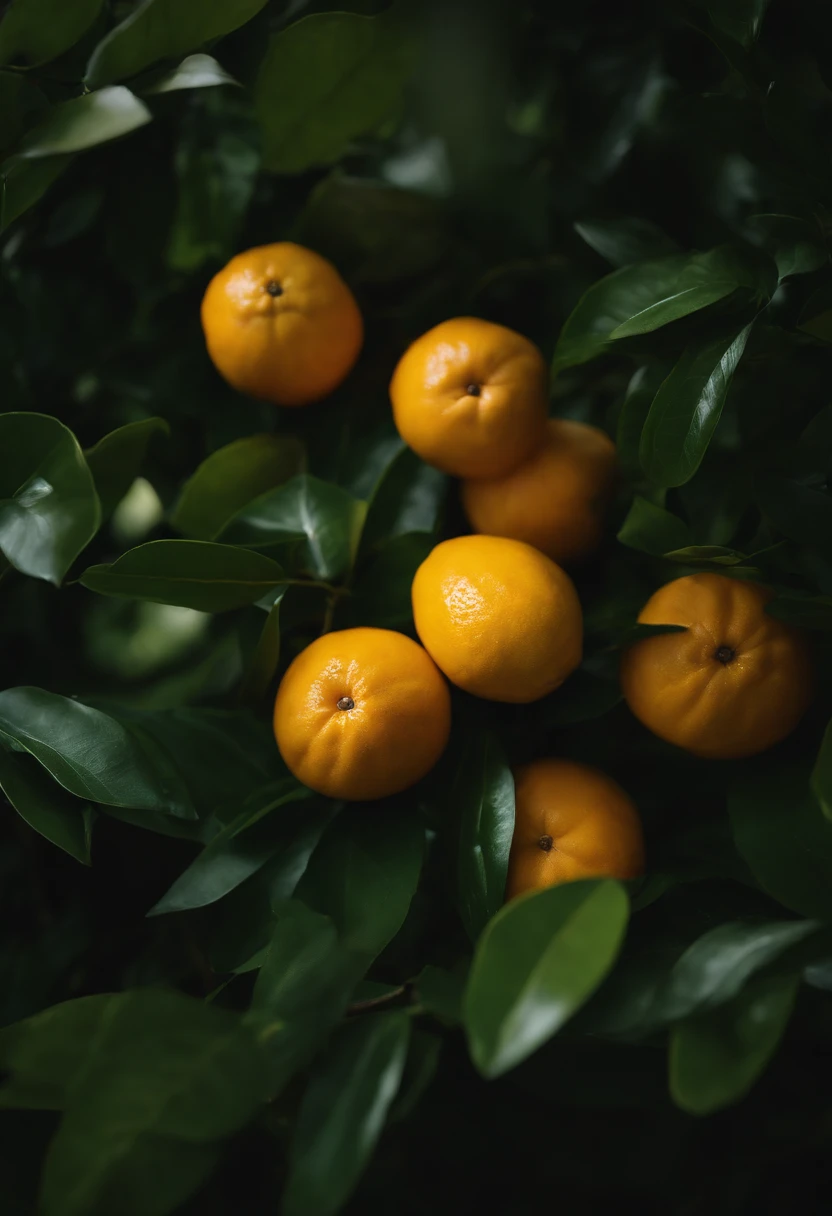 An aesthetic photography composition showcasing a yellow mandarin fruit amidst a cluster of vibrant green leaves, with the natural light casting beautiful shadows and highlights, creating a visually pleasing and organic scene.