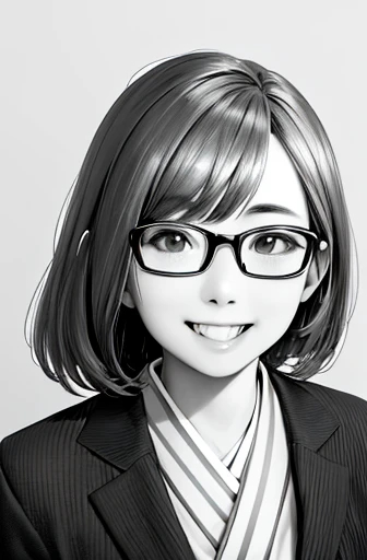 upper body shot,glasses,smile with visible teeth,suit, adorable, japanese girl, highest quality, ultra high resolution, photo-realistic, Super detailed, 9K, RAW photo NSFW