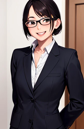 upper body shot,glasses,smile with visible teeth,suit, adorable, japanese girl, highest quality, ultra high resolution, photo-realistic, Super detailed, 9K, RAW photo NSFW
