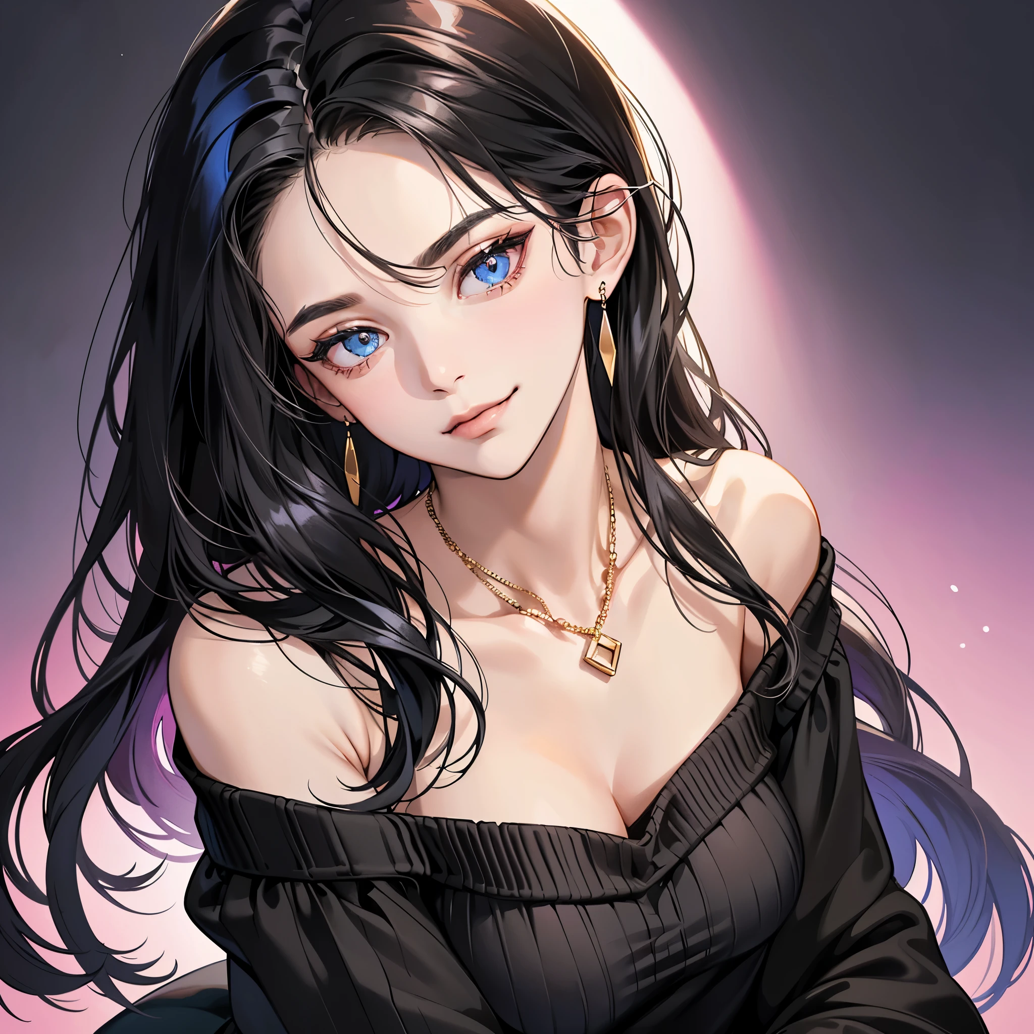 (table top, digital art, digital illustration, 4K, 8K, super detailed, beautiful images, clear image, realistic, RAW photo, perfect face, perfect lines, perfect eyes, soft lighting) ,1 female, (long black hair,Bullish gaze,beautiful woman,closed mouth,smirk,Mature,slender,23 year old female,:1.3),Wearing an off-shoulder black sweater, she looks back at the viewer.、Earrings and necklace are pink gold、Black and blue gradient background